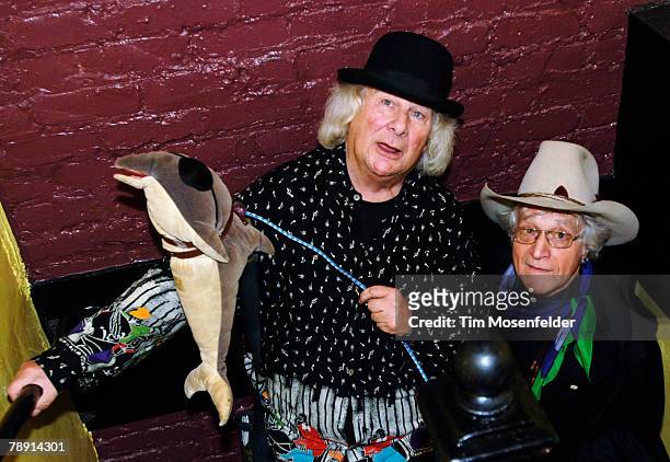 Wavy Gravy and Ramblin Jack Elliott backstage at 'Bill's Birthday Bash' a dedication to late rock empresario Bill Graham at The Fillmore on January...
