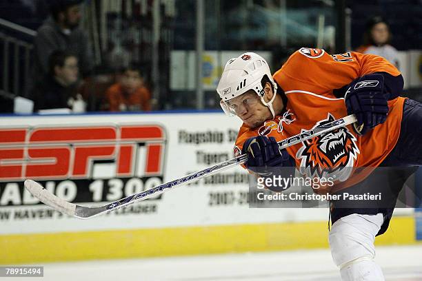 Right wing Kyle Okposo of the Bridgeport Sound Tigers prior to the game against the Springfield Falcons at Harbor Yard January 12, 2008 in...
