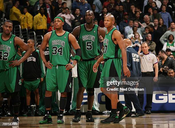 Tony Allen, Paul Pierce, Kevin Garnett and Ray Allen of the Boston Celtics look on during the game against the Washington Wizards at the Verizon...