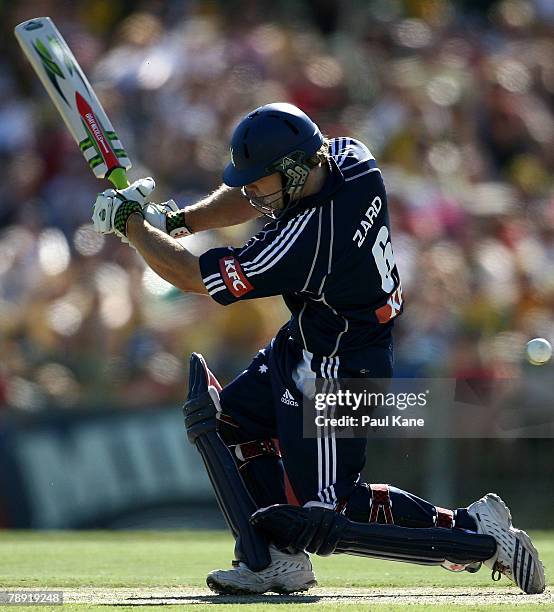 Aiden Blizzard of the Bushrangers hits out during the Twenty20 Big Bash Final match between the Western Australian Warriors and the Victorian...