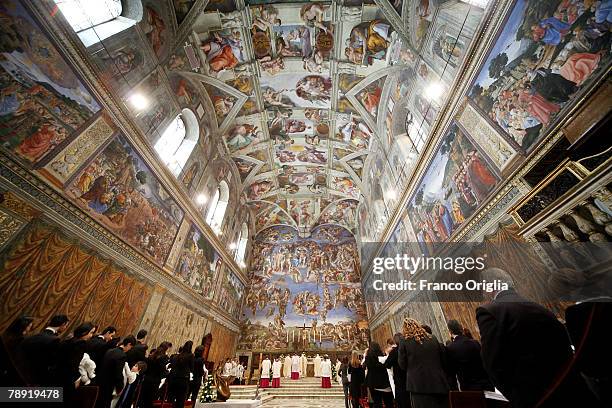 General view as Pope Benedict XVI celebrates baptisms in the Michelangelo's Sistine Chapel, January 13, 2008 in Vatican City.