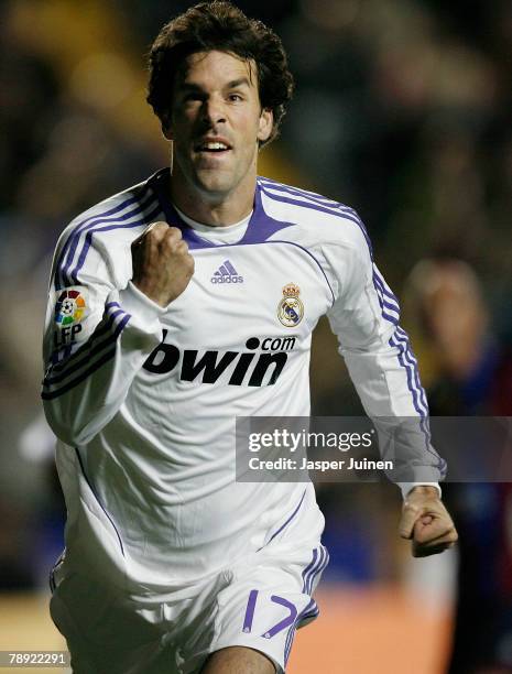 Ruud van Nistelrooy of Real Madrid celebrates his opening goal during the La Liga match between Levante and Real Madrid at the Ciutat de Valencia...