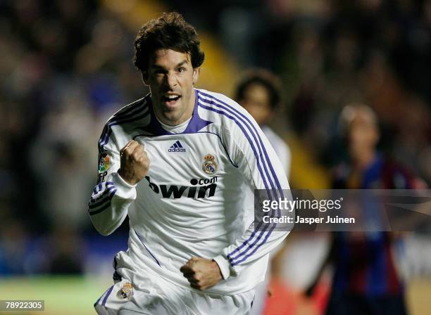 Ruud van Nistelrooy of Real Madrid celebrates his opening goal during the La Liga match between Levante and Real Madrid at the Ciutat de Valencia...