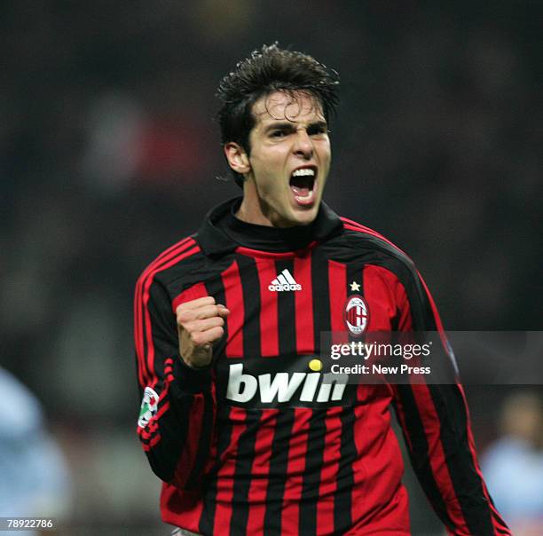 Kaka of Milan celebrates after scoring during the Serie A match between AC Milan and Napoli at the San Siro on January 13, 2008 in Milan Italy.