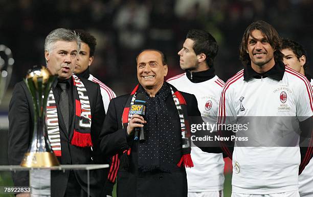 Milan coach Carlo Ancelotti, President of AC Milan Silvio Berlusconi and Paolo Maldini during a ceremony prior to the Serie A match between AC Milan...