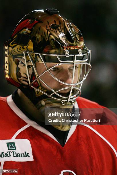 Goaltender Brian Elliott of the Binghamton Senators during the second period in the game against the Bridgeport Sound Tigers on January 13, 2008 at...