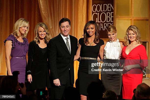 Entertainment news anchors Lara Spencer, Brooke Anderson, Jim Moret, Giuliana Rancic, Dayna Devon and Mary Hart pose onstage during the 65th Annual...