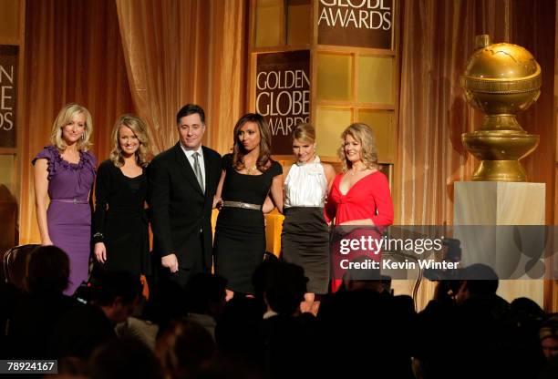 Entertainment news anchors Lara Spencer, Brooke Anderson, Jim Moret, Giuliana Rancic, Dayna Devon and Mary Hart pose onstage during the 65th Annual...