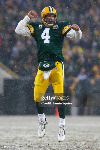 Quarterback Brett Favre of the Green Bay Packers celebrates after the Packers scored a touchdown against the Seattle Seahawks during the NFC...