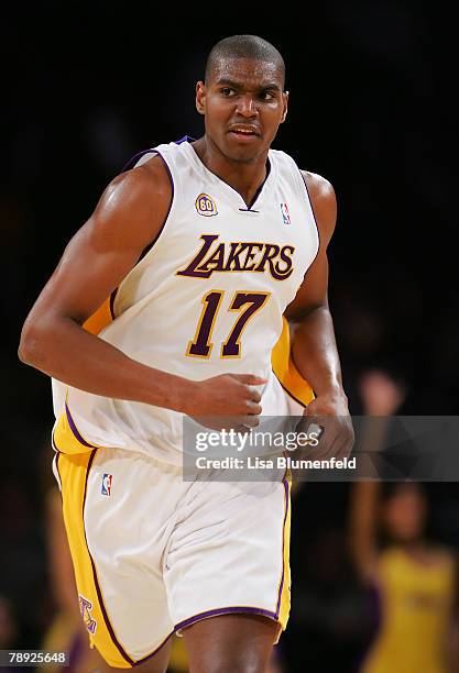 Andrew Bynum of the Los Angeles Lakers runs upcourt during the game against the Memphis Grizzlies at Staples Center on January 13, 2008 in Los...