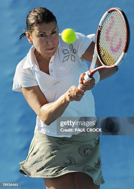 German tennis player Sandra Kloesel plays a stroke in her womens singles match against compatriot Julia Schruff at the Australian Open 2008 in...