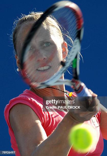 German tennis player Julia Schruff plays a stroke in her womens singles match against compatriot Sandra Kloesel at the Australian Open 2008 in...