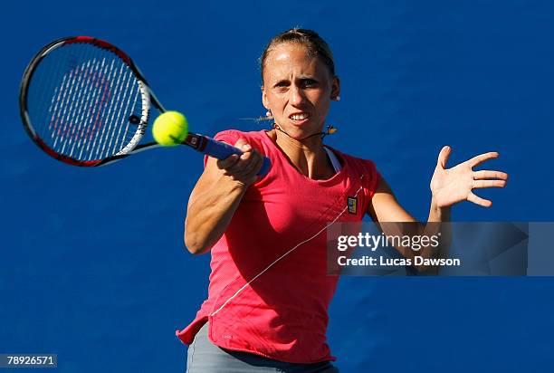 Julia Schruff of Germany plays a forehand during her first round match against Sandra Kloesel of Germany on day one of the Australian Open 2008 at...