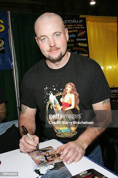 John Wayne Bobbitt at the Paradise Visuals booth in the Sands Expo Center at the 2008 AVN Adult Entertainment Expo on January 12, 2008 in Las Vegas,...
