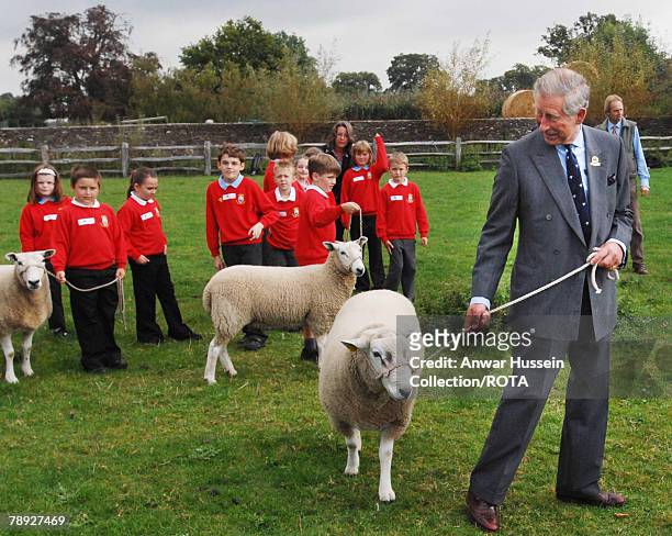 Prince Charles the Prince of Wales shows a sheep to pupils from Avening Primary School at Home Farm, Highgrove on September 12, 2007 in Tetbury,...