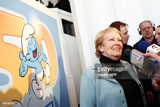 Nine Culliford, the widow of Peyo talks to the press at the celebration of the 50th anniversary of Peyo's Smurfs, at the Bozar , in Brussels, 14...