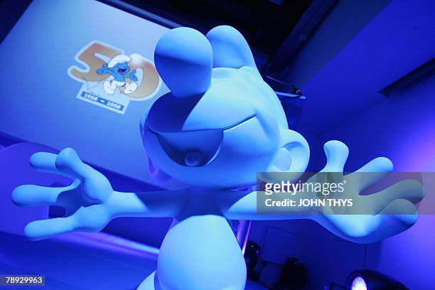 Illustration picture of a giant smurf statue during the celebration of the 50th anniversary of Peyo's Smurfs, at the Bozar , in Brussels, 14 January...