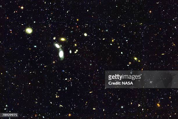S Hubble Space Telescope reached back to nearly the beginning of time to sample thousands of infant galaxies. This image, taken with Hubble's...