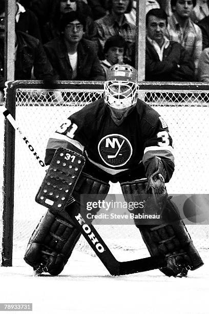 Billy Smith of the New York Islanders in net against the Boston Bruins.