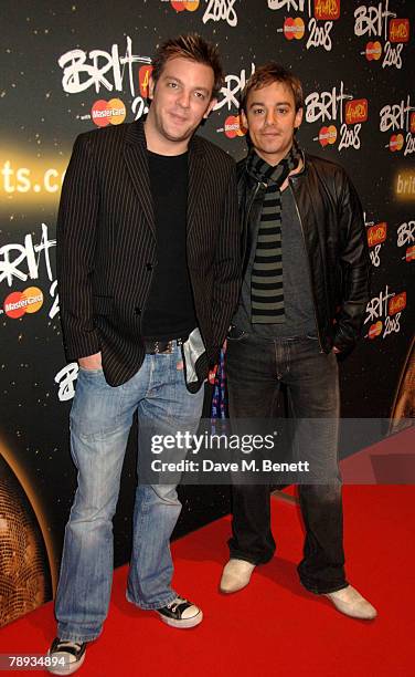 Radio DJs JK and Joel arrive at the Brit Awards 2008 Nominations Launch Party, at the Roundhouse on January 14, 2007 in London, England.