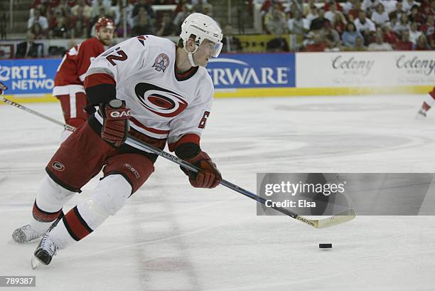 Left Wing Jaroslav Svoboda of the Carolina Hurricanes looks to play the puckagainst the Detroit Red Wings during game three of the NHL Stanley Cup...