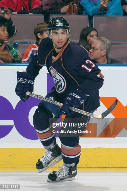 Andrew Cogliano of the Edmonton Oilers warms up before a game against the Phoenix Coyotes at Rexall Place on January 10, 2008 in Edmonton, Alberta,...