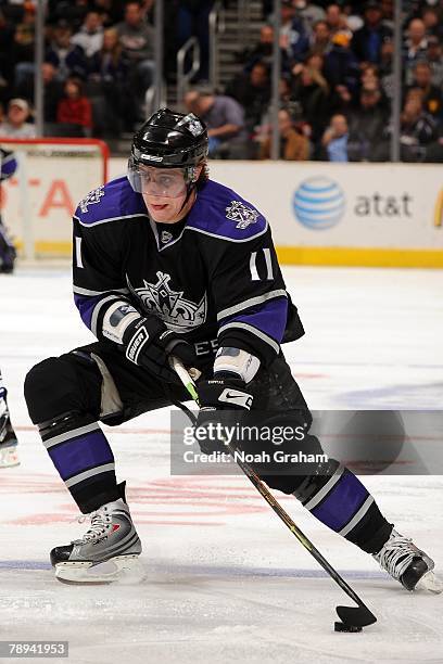 Anze Kopitar of the Los Angeles Kings handles the puck during the game against the Toronto Maple Leafs on January 10, 2008 at Staples Center in Los...