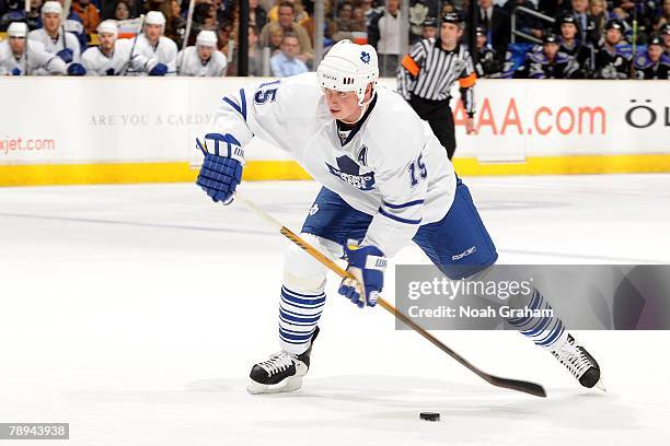 Tomas Kaberle of the Toronto Maple Leafs handles the puck during the game against the Los Angeles Kings on January 10, 2008 at Staples Center in Los...