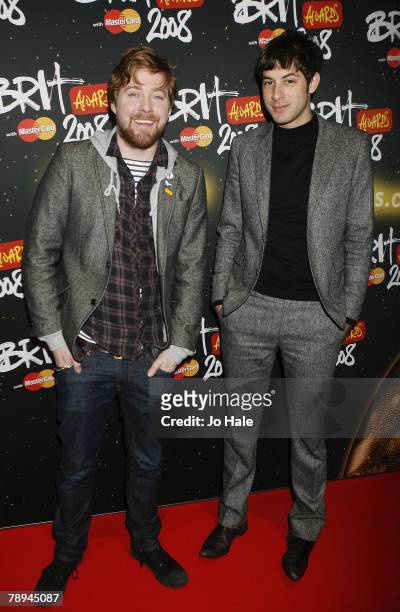 Musician Ricky Wilson of the Kaiser Chiefs and producer Mark Ronson arrive at the Brit Awards 2008 - Nominations Launch Party at the Roundhouse...