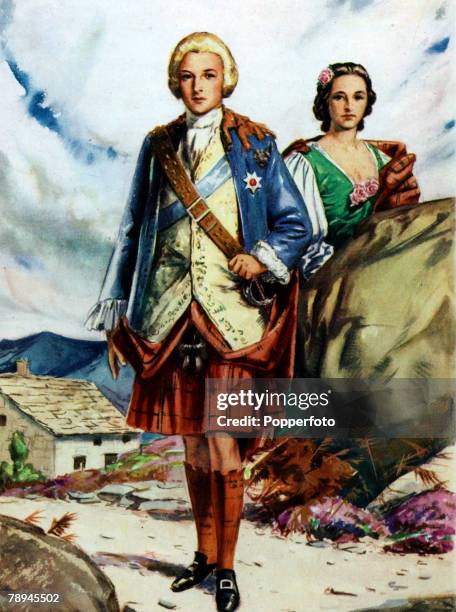 Famous Historical Scenes, Colour Illustration, pic: circa 1746, Bonnie Prince Charlie, and Flora MacDonald, Bonnie Prince Charlie, "The Young...