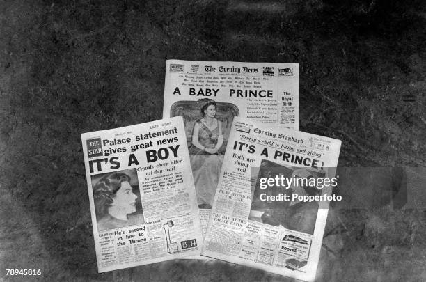 Publishing, Royalty, pic: 19th February 1960, London's 3 evening newspapers announce the news of the birth of Queen Elizabeth 's second son Prince...