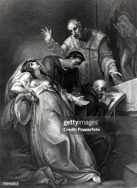 Historical Illustration, pic: pic: circa 1534, This illustration is entitled "The imposture of the Holy Maid of Kent, Elizabeth Barton, was an...