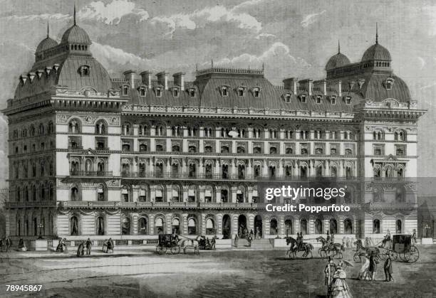 Buildings, Hotels, Illustration from the Illustrated London News from 1860, pic: 1860, The Grosvenor Hotel, Belgravia, London, nearing completion