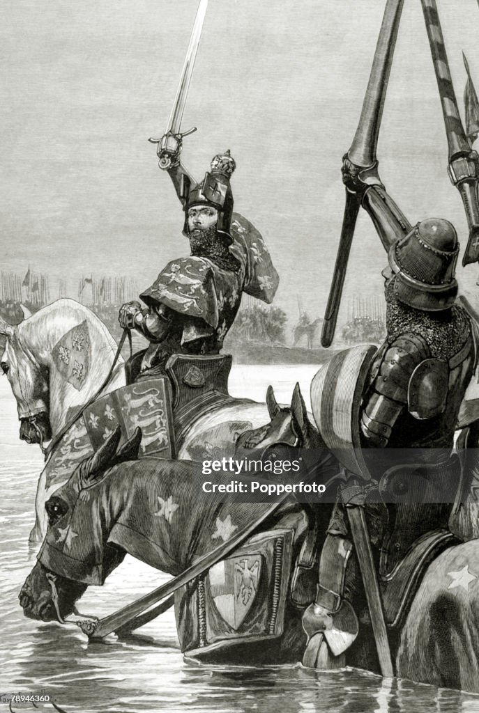 English Royalty. Illustration from the Illustrated London News. pic: 14th Century. King Edward III crossing theRiver Somme in the face of the French Army.