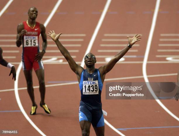 9th World Championships in Athletics, Paris, France, 26th August 2003, Mens 400m Final, Jerome Young of the USA celebrates victory as his crosses the...