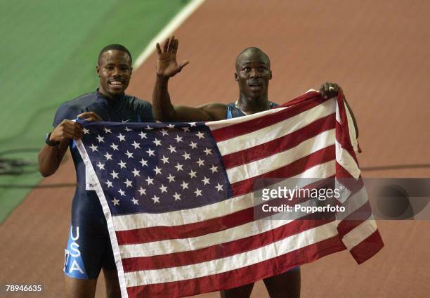 9th World Championships in Athletics, Paris, France, 29th August 2003, Mens 200m Final, John Capel, Gold medal winner and Silver medal winner Darvis...