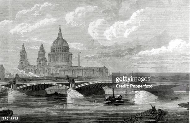 Bridges, Cities, Illustration from the Illustrated London News from 1869, pic: 1869, The new Blackfriars Bridge over the River Thames in London, with...