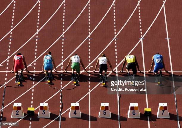 9th World Championships in Athletics, Paris, France, 26th August 2003, Mens 100m Heats, Competitors on their starting blocks