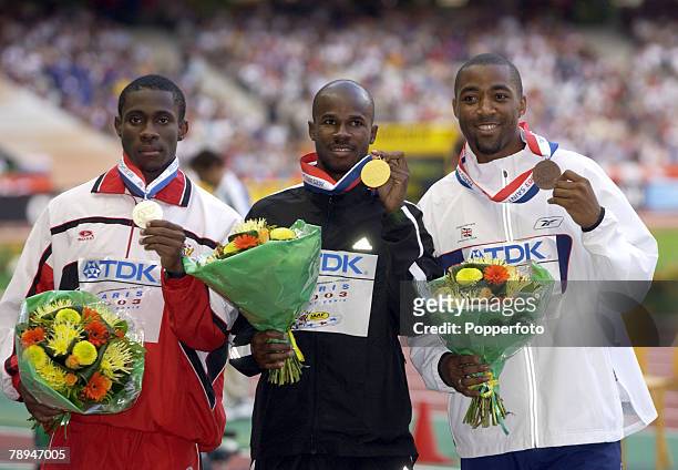 9th World Championships in Athletics, Paris, France, 26th August 2003, Mens 100m, Medal winners, Gold medal Kim Collins of St Kitts, Silver medal...