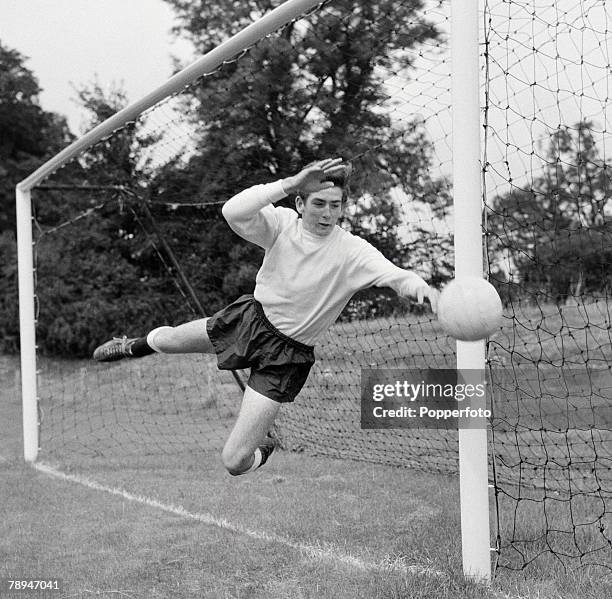 Football Pre Season training, Tottenham Hotspur's goalkeeper Pat Jennings dives to stop the ball during practice session