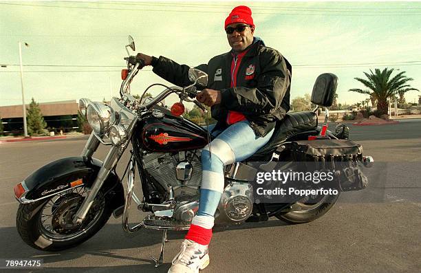 March 1996, Las Vegas, Nevada, Great Britain's Frank Bruno riding a Harley Davidson motorcycle as he relaxes after training prior to his World...