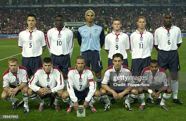 Sport, Football, European Championship Qualifier, Istanbul, 11th October 2003, Turkey 0 v England 0, England team group, L:R, Back Row, John Terry,...