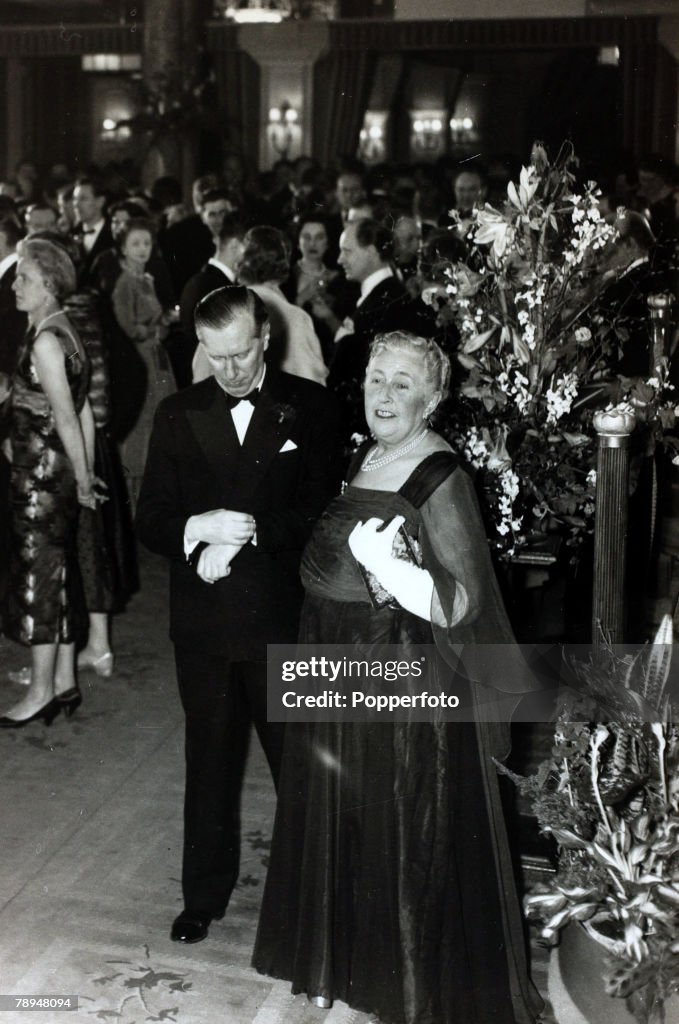 Literature. Personalities. pic: 14th April 1958. English crime writer Agatha Christie with Peter Saunders at the party to celebrate the record 2,239th performance of her play "The Mousetrap".Agatha Christie,(1890-1976), the world's best known mystery writ