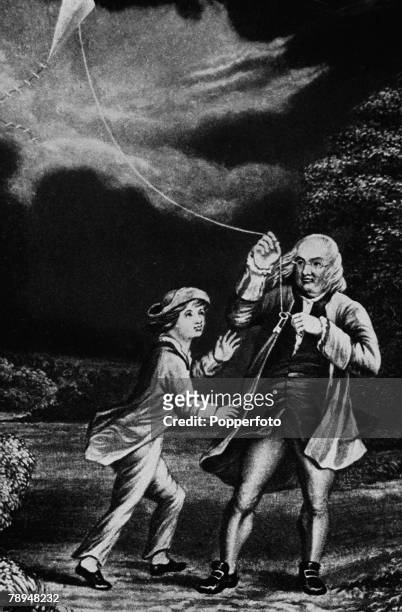 Benjamin Franklin, U,S, Statesman,Diplomat, printer, publisher, inventor and scientist out flying his kite in an experiment concerning lightning and...