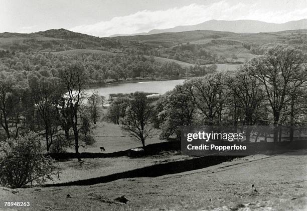 Literature Personalities, pic: circa 1960, The view from Hill Top the home of English author Beatrix Potter looking beyond Esthwaite Water to the...