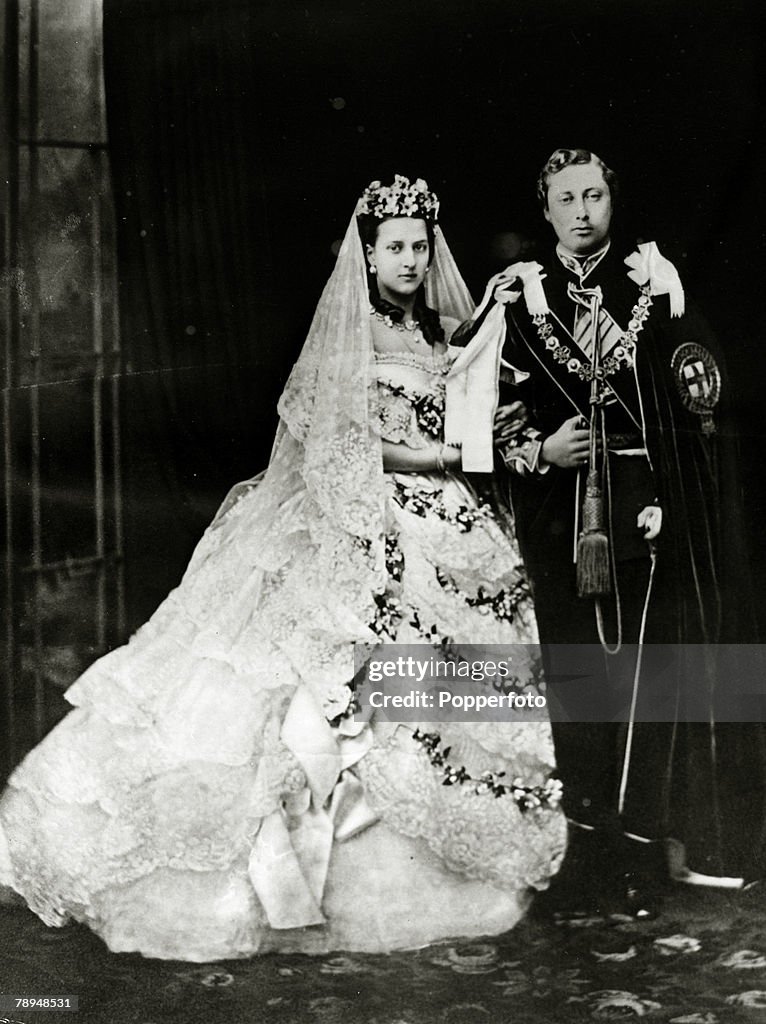History Personalities. British Royalty. pic: 10th March 1863. Alexandra,Princess of Denmark, with her husband Edward, Prince of Wales after their wedding. Queen Alexandra, (1844-1925)in her early days a Danish Princess, later Queen Consort to King Edward