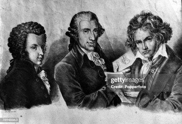 An engraving of the illustrious musical trio: L-R, Wolfgang Amadeus Mozart of Austria , Joseph Haydn of Austria , and Ludwig van Beethoven of Germany