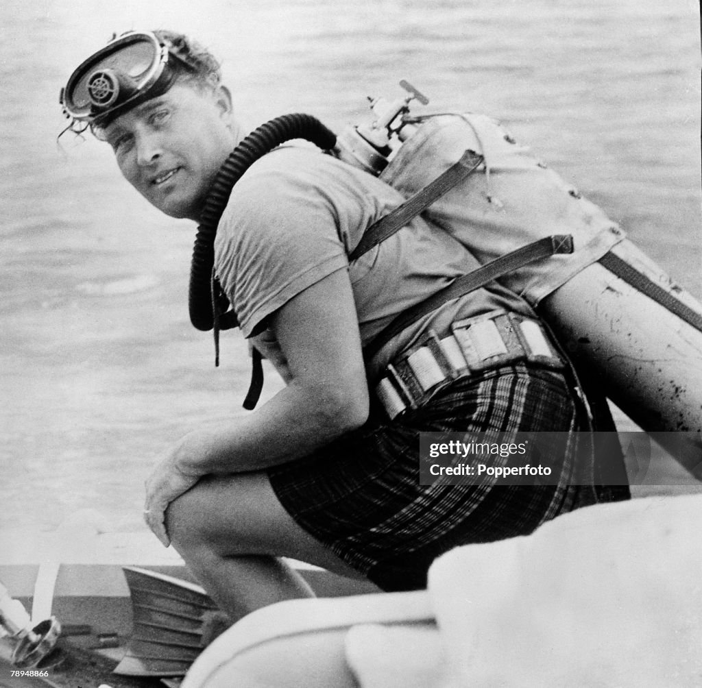 Science.  Florida, USA.  Circa 1950's.  German rocket scientist Wernher von Braun seen here scuba diving.