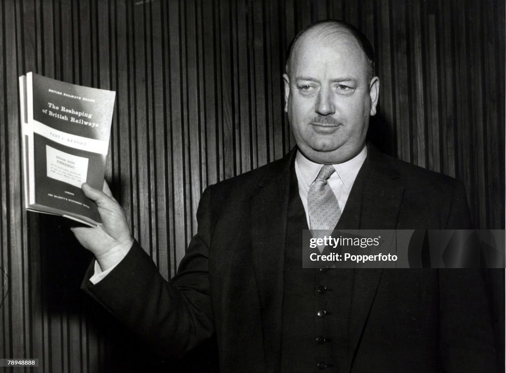 Transport. Personalities. pic: 27th March 1963. Dr. Richard Beeching, later Lord Beeching, pictured in London, shows of his report on "The Reshaping of the Railways" designed to make the railways profitable. As Dr. Richard Beeching he was famous for his B