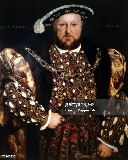 History Illustration, English Royalty, pic: circa 1520, King Henry VIII who reigned 1509-1547, pictured in this portrait painted by Holbein, Henry...